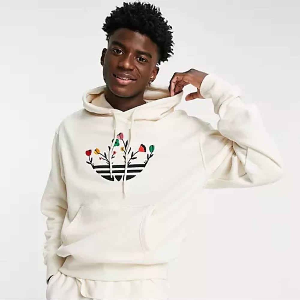 Adidas Originals floral trefoil hoodie in off white; size Men’s Medium